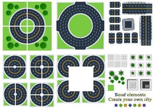 Road Elements Top View Vector Illustration. View From Above Includes Straight And Turn Roads, Bridges, Ring Road, Crossroad, Plants And Sidewalks.