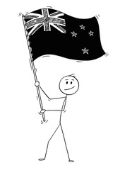 Cartoon drawing conceptual illustration of man waving the flag of New Zealand.