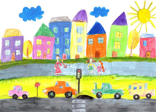Child's drawing happy family, building, car