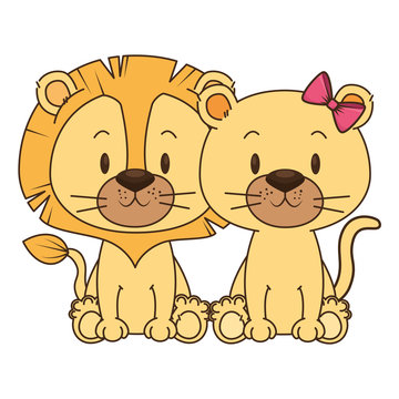 cute and adorable couple lions characters