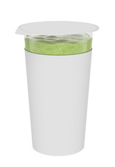 3D realistic render of Pistachio foam, foamy cream, in transparent plastic container. Empty label. Isolated on white