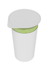 3D realistic render of Pistachio foam, foamy cream, in transparent plastic container. Empty label. Isolated on white