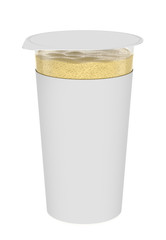 3D realistic render of Vanilla foam, foamy cream, in transparent plastic container. Empty label. Isolated on white