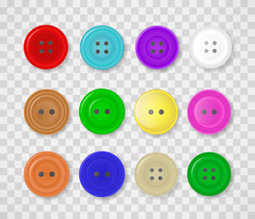 A collection of buttons for clothes of different colors and designs. Vector illustration isolated on a transparent background.