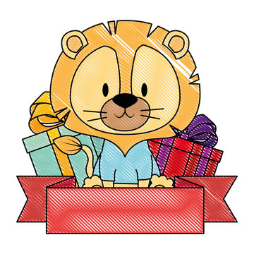 cute and adorable lion with gifts