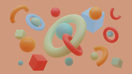 Minimal abstract background. Primitives composition. Flying shapes in motion isolated on orange background. Spheres, torus, cubes different colors. 3D render.
