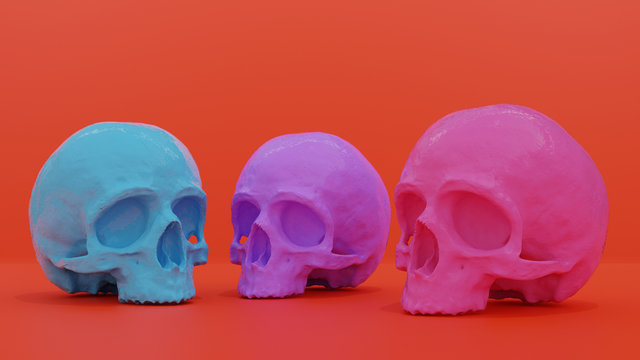 Three skulls on red background. Blue skull, purple skull, red skull. 3D. Render.