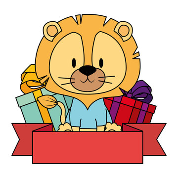 cute and adorable lion with gifts