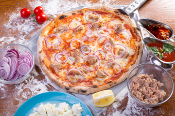 Tasty close up of italian onion and tuna pizza