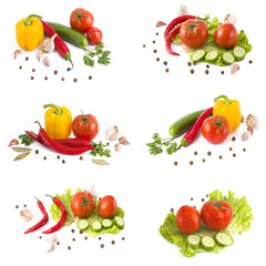 A composition of multi-colored vegetables on a white background. Fresh red tomatoes with yellow and red peppers on a white background. Red tomato with yellow and red bell pepper. Bitter pepper with gr