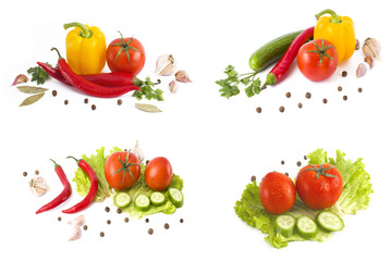 A composition of multi-colored vegetables on a white background. Fresh red tomatoes with yellow and red peppers on a white background. Red tomato with yellow and red bell pepper. Bitter pepper with gr