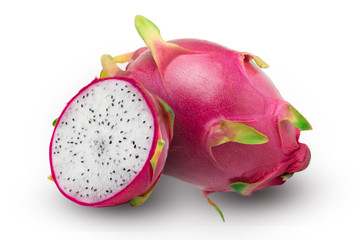 ripe dragon fruit with half, isolated on white background. with clipping path