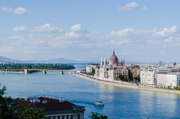 Naklejka premium Cityscape of central Budapest with parliament building, Danube river and Sziget park.
