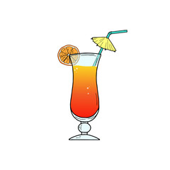 Tequila Sunrise alcohol cocktail in glass with orange slice and umbrella straw. Classic cocktail. Hand sketched composition made for menu design, bar, restaurant, print. Vector
