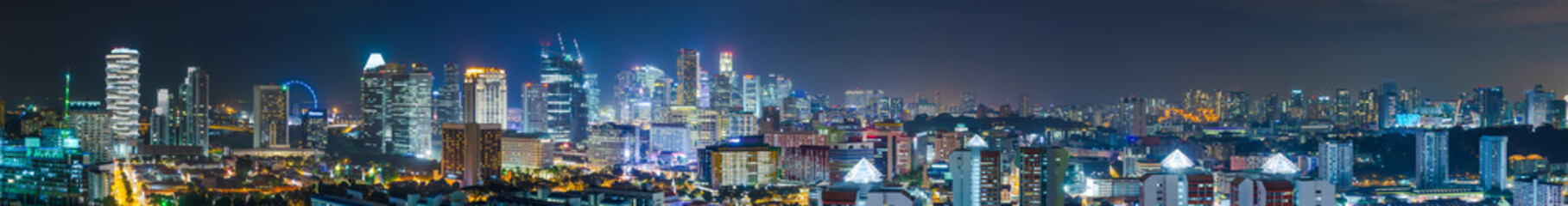 Panorama of downtown Singapore with Business district and Flyer wheel, at night