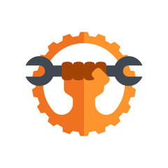Gear logo template. The spanner in the hand and gear combined in vector sign. Vector illustration.