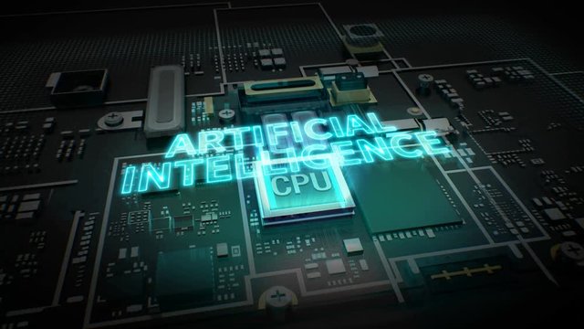 Hologram typo 'Artificial Intelligence' on CPU chip circuit, grow Internet of things technology. 4k movie.
