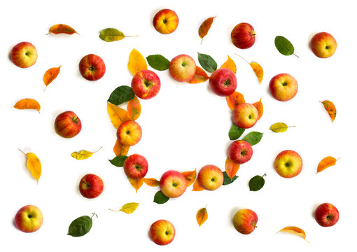 Frame of ripe yellow-red juicy apples and fall apple tree leaves on a white background with space for text. Top view, flat lay