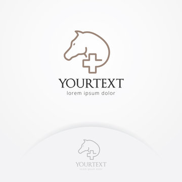 Animal care logo, Vector illustration of a horse with a health symbol with a linear line style. Veterinary and pet care logo template