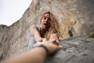 Fototapeta premium emotional girl in the mountains