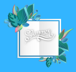 Blue and white summer background with green 3d leaves.