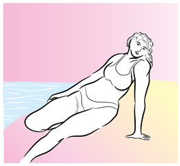 Bikini woman in the beach.

Happy woman sitting on the sandbank and looking at us pink background.
