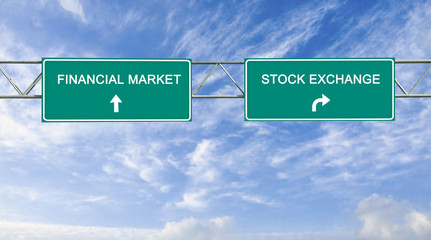 Road sign to stock exchange and financial market