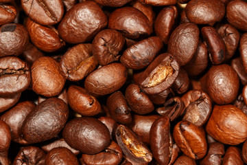 Close up of coffee beans texture background, selective focus