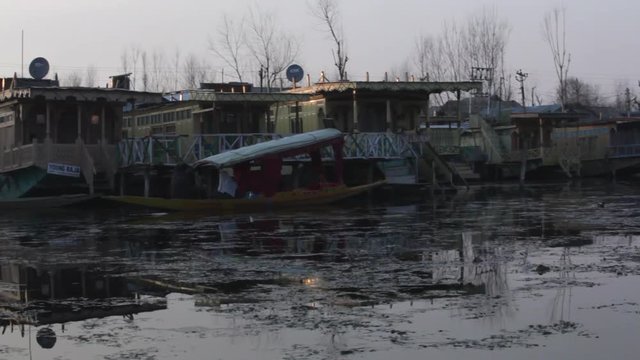 Scenes from Dal Lake in Kashmir, India. Boats on the lake, people, and culture. Boats are called shikaras. Sunset, documentary feel.