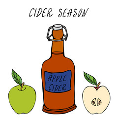 Apple Cider Glass Vintage Bottle. Red Apple Fruit. Home Brew. Autumn or Fall Vegetable Harvest Collection. Realistic Hand Drawn High Quality Vector Illustration. Doodle Style.