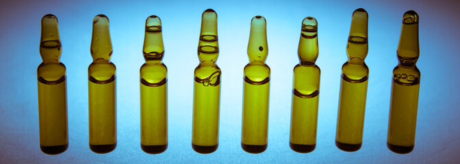 Group object of liquid medicinal agent in limpid glassware in medical laboratory.