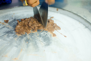 Stir-fried ice cream rolls at freeze pan