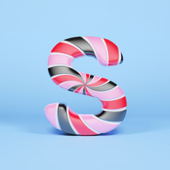 Alphabet letter S uppercase. Christmas font made of pink, red and black striped lollipop. 3D render on blue background.