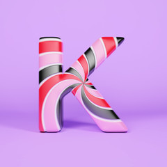 Alphabet letter K uppercase. Christmas font made of pink, red and black striped lollipop. 3D render on violet background.