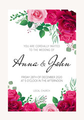 Wedding template collection. Greeting card with dark red, blush and colorful pink roses. Can be used as invitation card for wedding, birthday and other holiday. All elements are isolated and editable.