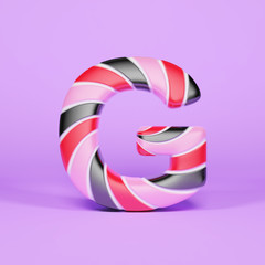 Alphabet letter G uppercase. Christmas font made of pink, red and black striped lollipop. 3D render on violet background.