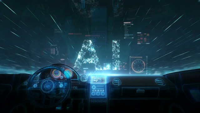 Inside of Future hybrid cars Hologram display, Hologram typo 'A.I' in Display, grow artificial intelligence technology. 4k movie.2.