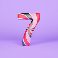Obraz premium Alphabet number 7. Christmas font made of pink, red and black striped lollipop. 3D render on violet background.