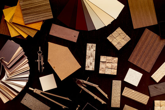 creativity house design ideas concept with sample of material venner wood stone sample on black wood floor