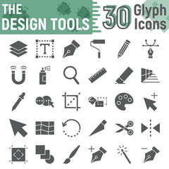Design tools glyph icon set, graphic design symbols collection, vector sketches, logo illustrations, soft signs solid pictograms package isolated on white background, eps 10.