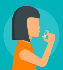 Woman take inhaler background. Flat illustration of woman take inhaler vector background for web design