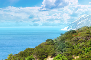 Sea shore landscape - green mountains on the light blue cloudy sky background