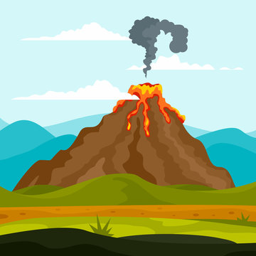 Eruption of volcano background. Flat illustration of eruption of volcano vector background for web design