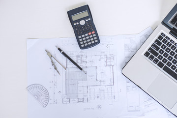 Workplace items of architect or engineering tools for project