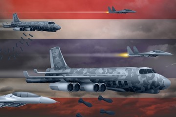 Thailand air forces bombing strike concept. Thailand army air planes drop bombs on flag background. 3d Illustration