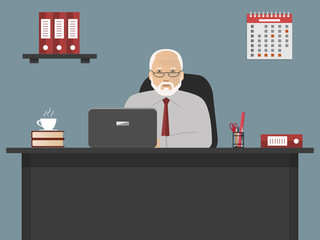 Web banner of an elderly office worker in the workplace. Old man is sitting at the desk on a gray background. There is a laptop, a calendar and red folders in the picture. Vector illustration