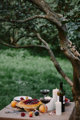 candles, wine and appetizing pie on table in garden