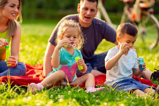 children blow soap bubbles outdoor- Happy family in the park together .