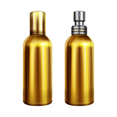 Perfume spray vector illustration of metallic golden bottle or container with silver sprayer cap closed and open. Isolated 3D realistic mockup model for premium brand design