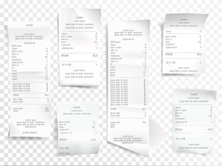 Receipts vector illustration of realistic payment paper bills for cash or credit card transaction with purchase items sum price from shop or sale store. Isolated 3D on transparent background
